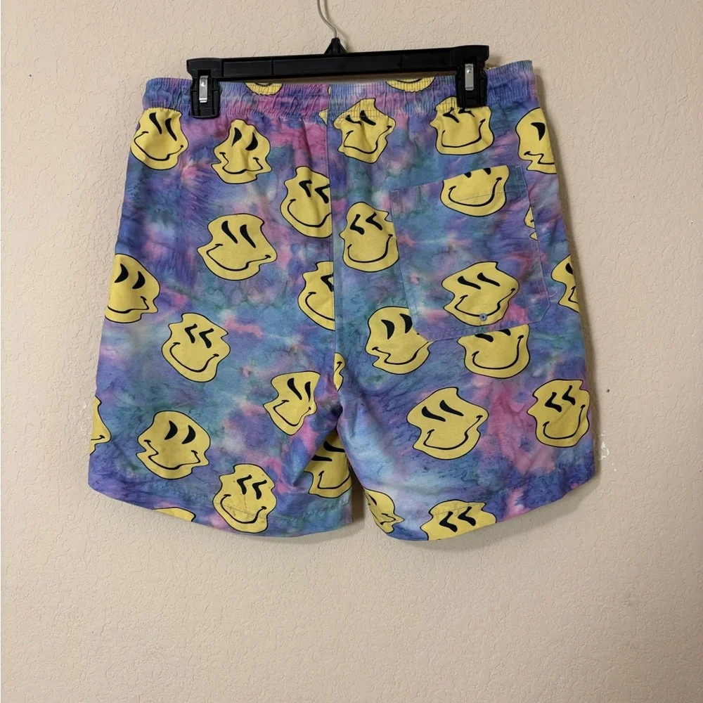 Pacsun Tie-Dye Wiggly Smile Face Swim Shorts in Yellow & Multicolor Size Small